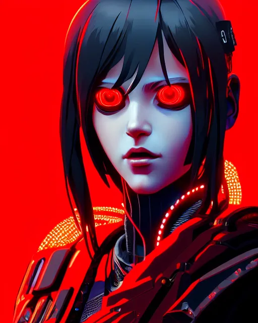 Image similar to a detailed potrait of a cyberpunk cyborg girl with black and red parts, perfect face, realistic shaded perfect face, detailed. night setting. very anime style. realistic shaded lighting poster by ilya kuvshinov katsuhiro, unreal engine, global illumination, radiant light, detailed and intricate environment