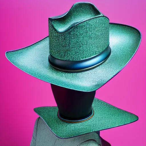 Image similar to [high tech cowboy hat in futuristic colours and fabrics, object design, couture]