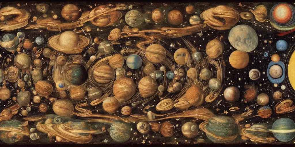 Image similar to the creation of the universe, planets and stars, in the style of leonardo da vinci