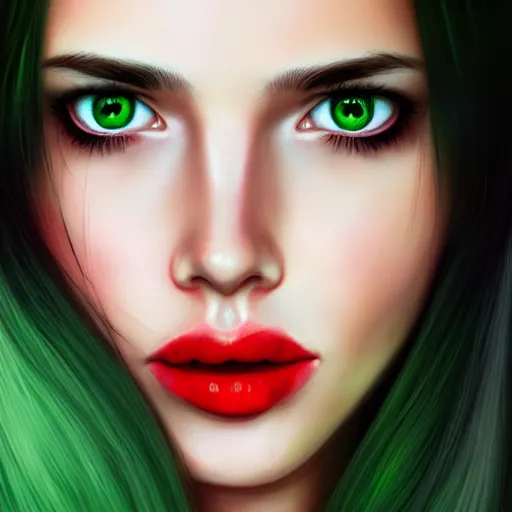 Prompt: a realistic illustration portrait of a beautiful cute girl with wavy black red hair, a pointy nose and, round chin black eyeliner, green welcoming eyes, trending on artstation, hyper - realistic lighting