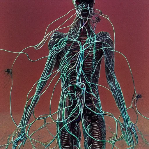 Image similar to a cyborg with many wires and cables Bursting out of them painfully and uncontrollably by junji ito and Zdzisław Beksiński