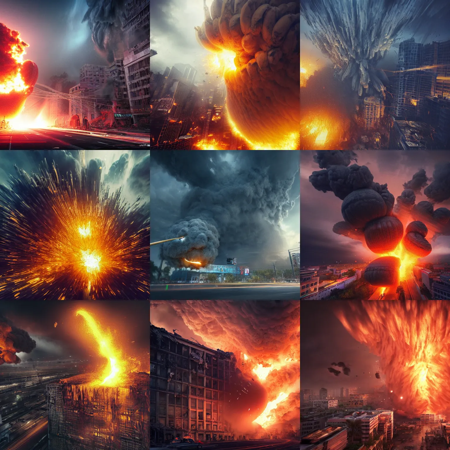 Prompt: news camera footage of giant bananas falling exploding buildings, dim volumetric lighting, 8 k octane beautifully detailed render, post - processing, portrait, extremely hyper - detailed, intricate, epic composition, natural disaster, apocalypse cinematic lighting, masterpiece, trending on artstation, detailed detailed detailed, masterpiece, stunning