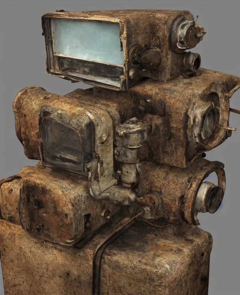 Image similar to vintage crt monitor on rusty meat grinder, 8 k