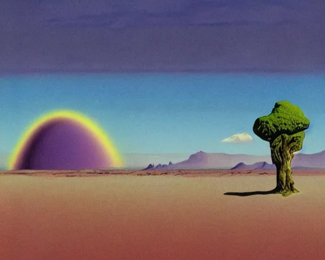 Image similar to roger dean 1 9 8 0 s art of a lone wanderer walking in the dry desert of a strange bizarre alien planet surface lakes reflective clear blue water, rainbow in sky, imagery, illustration art, album art