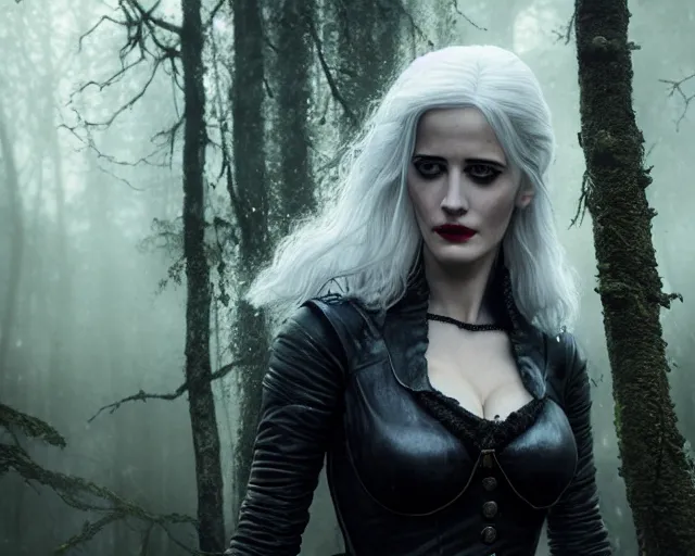 Image similar to 5 5 mm portrait photo of a real life tough looking eva green as ciri in leather armor with silver hair and a large scar along her left cheek, in a magical forest. dark atmosphere. art by greg rutkowski. highly detailed 8 k. intricate. lifelike. soft light. nikon d 8 5 0.