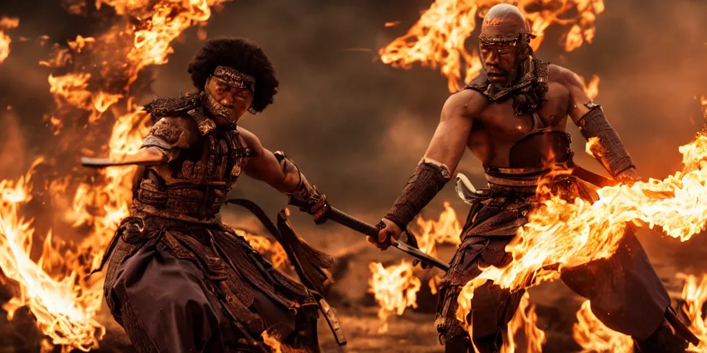 Prompt: a film still of a black man starring in a japanese blockbuster film as ancient evil samurai with fire powers, shallow depth of field, cinematic, award winning cgi, vfx, film still