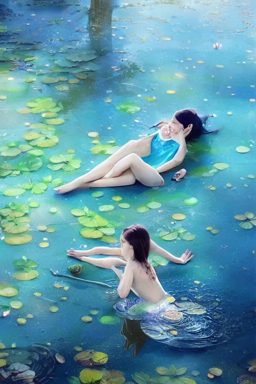 Image similar to nenufar in a pond, colorful, blue backgroung,clean, joyful, intricate, elegant, volumetric lighting, digital painting, highly detailed, artstation, sharp focus, illustration, concept art, ruan jia, steve mccurry