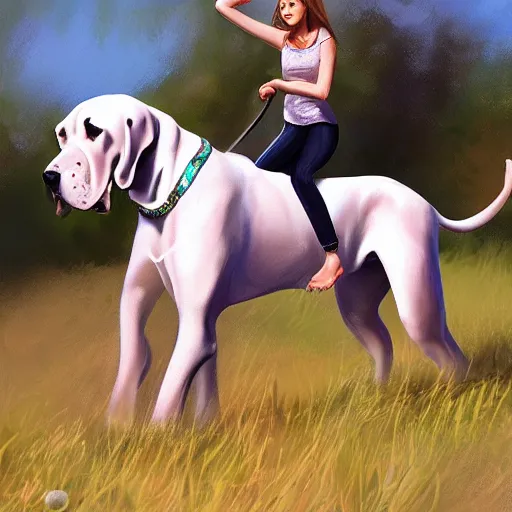 Image similar to girl riding giant great dane in the park, trending on artstation