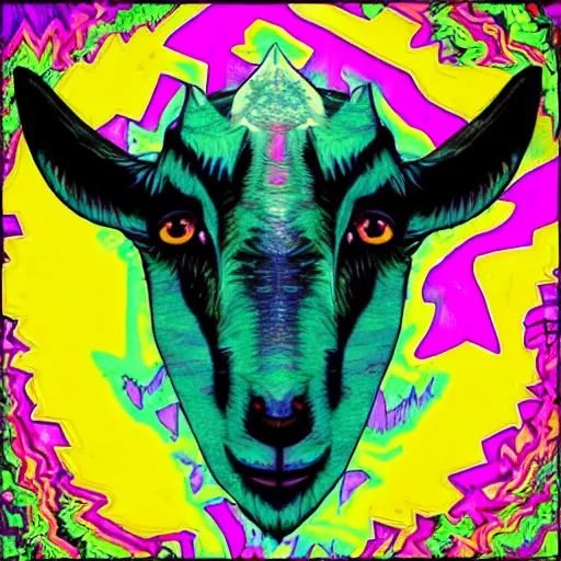 Prompt: Degenerate Goat, psychadelic, acid, colorful, oversaturated, album art