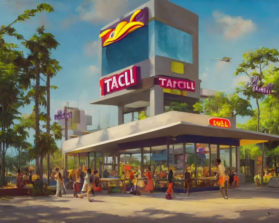 Prompt: an achingly beautiful oil painting of a Taco Bell standing alone on the main street of a vibrant futuristic jungle city by Raphael and Hopper.