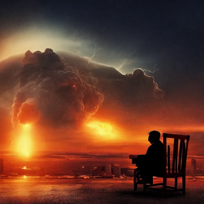 Prompt: cinematic movie, background blur bokeh, old man sitting in chair with black cat watching nuke explosion, world ending nuke, 4 k