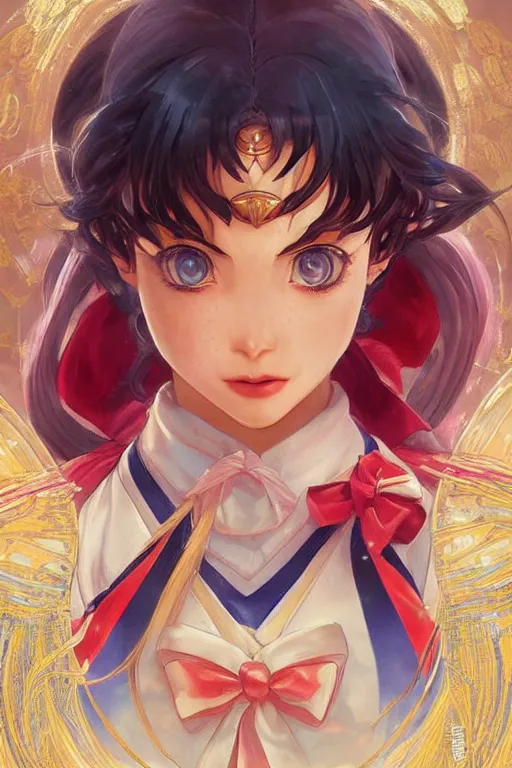 Prompt: Sailor Moon slight smile, highly detailed, digital painting, artstation, concept art, sharp focus, illustration, art by artgerm and greg rutkowski and alphonse mucha