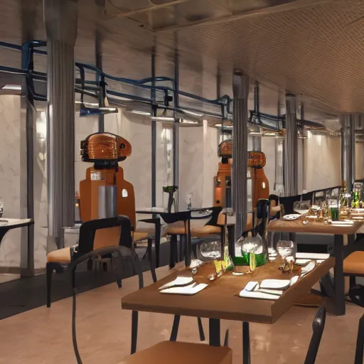 Image similar to kuka industrial robot arms having dinner inside a fine dining restaurant with global illumination