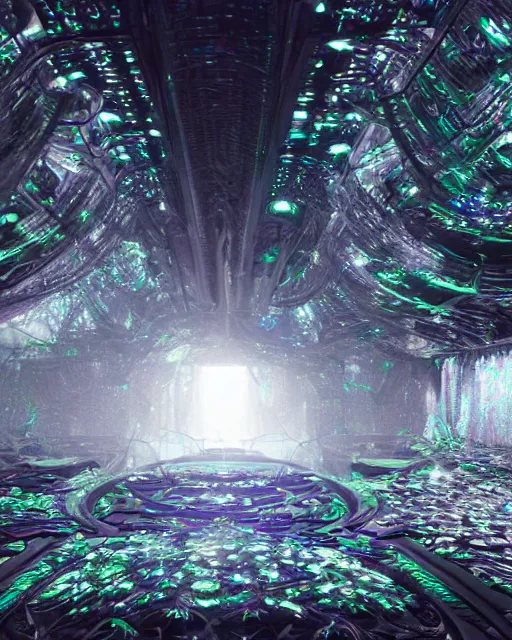 Prompt: huge futuristic white shimmering iridescent metal hallucinations on mescaline, organic sci if shapes, mossy, creative VFX, no text, rendered with octane, hyper realistic, hyper detailed, surreal, futuristic, 8k