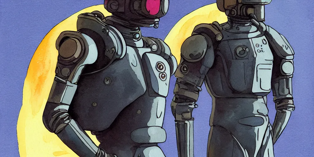 Image similar to male, full body, wide shot, modern space suit, intriguing helmet, stylized character design, the expanse tv series, large shoulders, short torso, long thin legs, tiny feet, science fiction, hyperdetailed, technical suit, dieselpunk, watercolor digital painting, in the style of mike mignola, in the style of bruce timm, by alex maleev