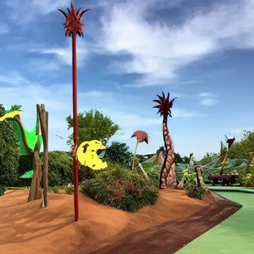 Prompt: dinosaur themed mini golf park, epic mini golf