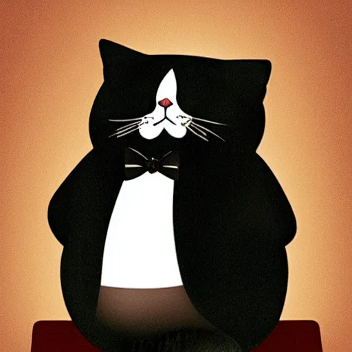 Image similar to photograph of a very fat and judgmental cat wearing a full tuxedo sitting in a dimly lit parlor lounge