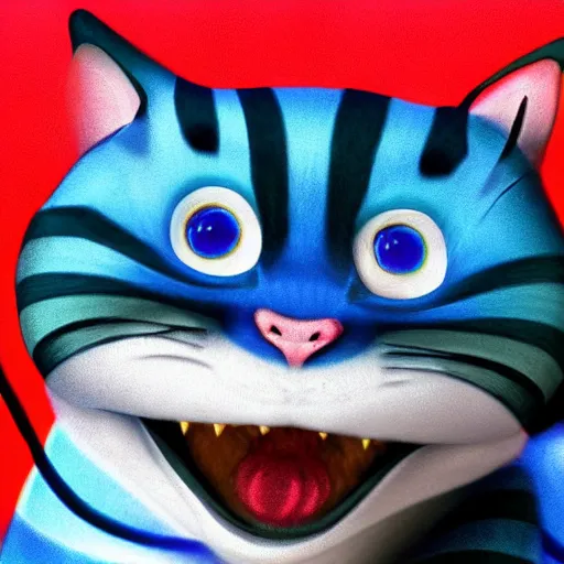 Image similar to cute blue striped cheshire cat. an adorable cat with light blue stripes, blue eyes and a big mischievous smile. award - winning digital art by mona sundberg