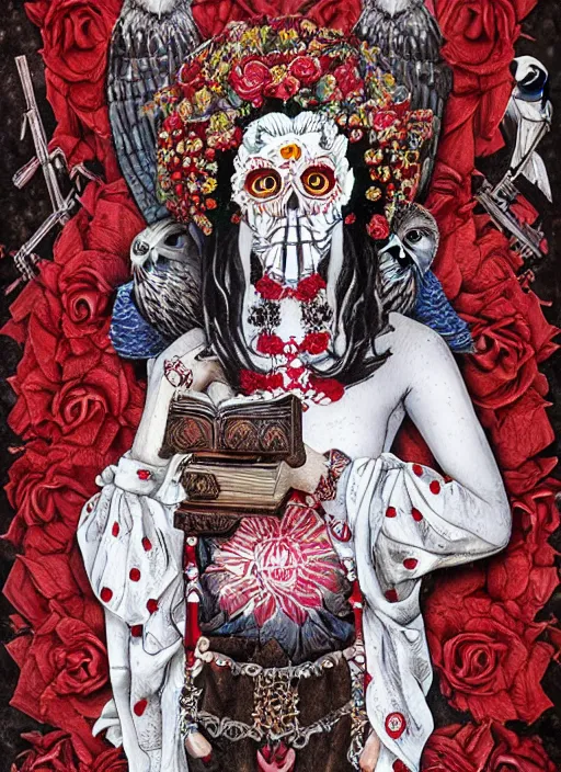 Image similar to masterpiece of Santa muerte with a book in her hand, her owl on her shoulder, and all around there are red and white flowers, guns and ammunitions offered by devotees + no crop, digital visionary art, extremely high detail, post processed,