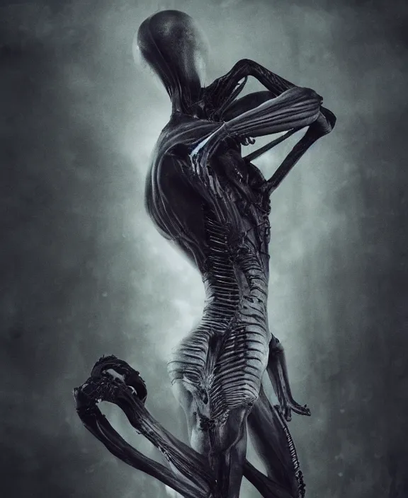 Image similar to xenomorph hugging pale sad beauty merging, dark mist colors, giger background liminal void, digital art, cinematic lighting, realistic, award winning photograph, various refining methods, micro macro autofocus