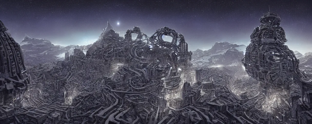 Image similar to haunted alien city of impossible towers and gravity - defying megastructures in the mountains of antarctica, upward angle, extremely hyperdetailed, photorealism, 8 k, 8 mm, deerie night lighting, lovecraftian