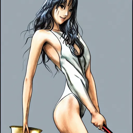 Prompt: a perfect, realistic professional digital sketch of a Japanese woman in racing one-piece swimsuit, she is holding a golden trophy cup, style of Marvel, by pen and watercolor, by a professional American senior artist on ArtStation, a high-quality hollywood-style sketch, on high-quality paper