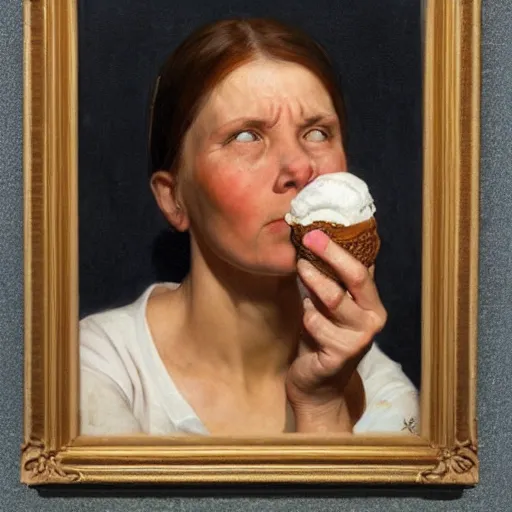Image similar to Portrait of a woman staring blankly at the viewer while tears stream down her cheeks and she holds an ice cream in her hand, by normal Rockwell.