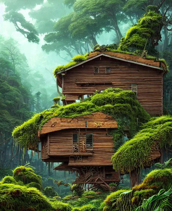 Prompt: an enormous cabin exterior, overgrown with exotic fungus, overgrown with huge ferns, cliff side, noon, sun drenched, partly cloudy, by dan mumford, yusuke murata, makoto shinkai, ross tran, cinematic, unreal engine, cel shaded, featured on artstation, pixiv