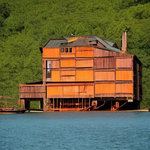 Prompt: timber house on a freight ship