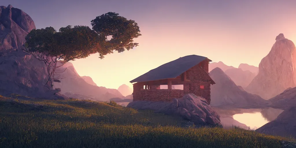 Image similar to a serene mountainous landscape with a singular building at sunrise, concept art, octane render, unreal engine 5, trending on DeviantArt, highly detailed, high quality, 4K, symmetrical, godrays, complementary colors, path traced, matte painting, breathtaking landscape, epic image, soft lighting