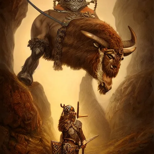 Image similar to digital painting of an minotaur as a viking king by filipe pagliuso and justin gerard, symmetric, fantasy, highly, detailed, realistic, intricate
