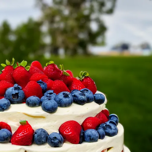Prompt: A photo of a cake from the side with cream on the sides and strawberries, raspberries and blueberries in circles on top. Sun in back. 4K. Cinematic lighting. High detail. Realistic. Delicious