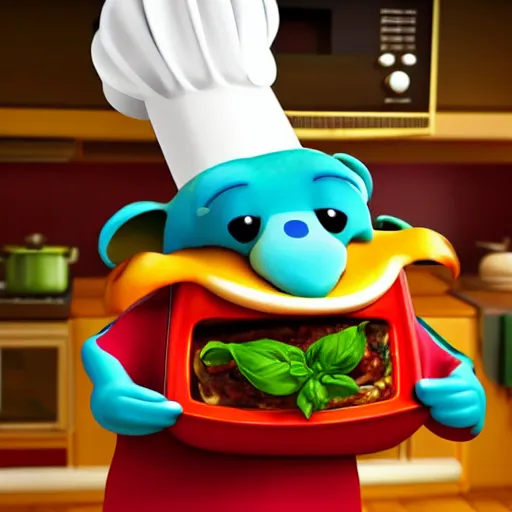 Image similar to pixar style cute platypus on a kitchen wearing a chef hat and holding a lasagna into an over, with three basil leaves over the lasagna, pixar style, 3 d, ratatouille style