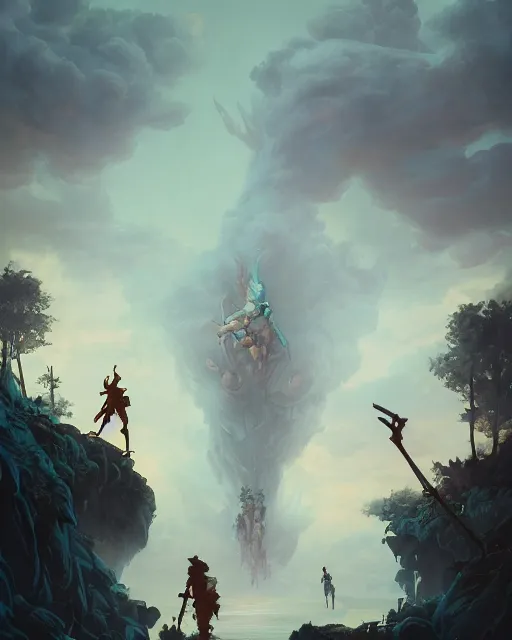 Image similar to david and goliath by peter mohrbacher and dan mumford and nekro, cgsociety, volumetric light, 3 d render