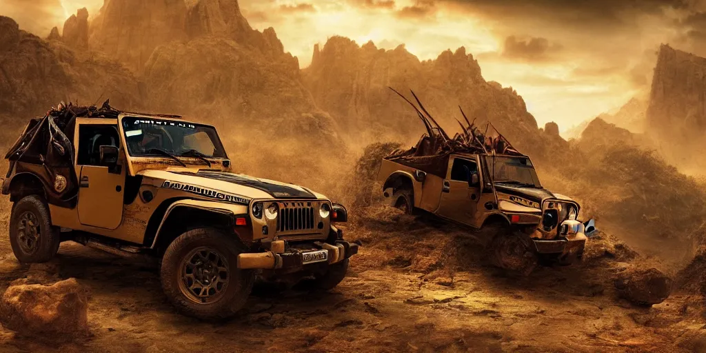 Image similar to Mahindra thar, tribe members attacking, action scene, an epic fantasy, dramatic lighting, cinematic, establishing shot, extremely high detail, photorealistic, cinematic lighting, artstation, by christopher nolan, horizon forbidden west