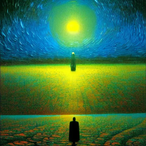 Image similar to The first artificial general intelligence awakens - award-winning digital artwork by Salvador Dali, Beksiński, Van Gogh and Monet. Stunning lighting