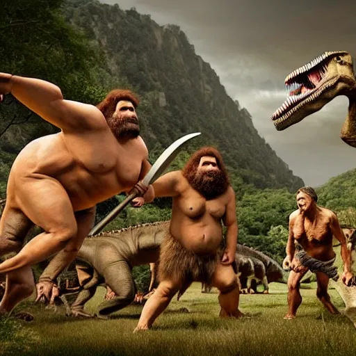 Prompt: A large dinosaur fighting with several realistic detailed cavemen with proportioned bodies, next to the dinosaur are cavemen, the cavemen are armed with spears, the caveman are in a fighting stance, the cavemen are wearing animal furs, one caveman is stabbing the dinosaur with his spear, one caveman is cowering in fear, coarse canvas, visible brushstrokes, intricate, extremely detailed painting by Giorgione (and by Greg Rutkowski)