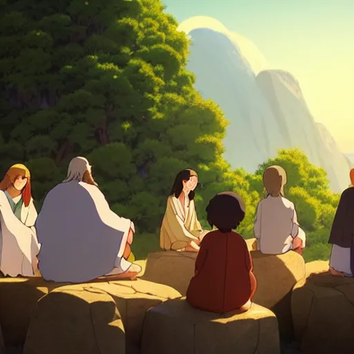 Image similar to a wholesome animation key shot of jesus christ teaching his disciples sitting on a pile of rocks, medium shot, waist up, studio ghibli, pixar and disney animation, sharp, rendered in unreal engine 5, anime key art by greg rutkowski, bloom, dramatic lighting