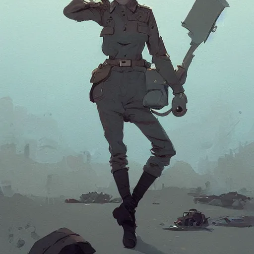 Image similar to nazi character on ww 2 by atey ghailan, by greg rutkowski, by greg tocchini, by james gilleard, by joe fenton, by kaethe butcher, dynamic lighting, gradient light blue, brown, blonde cream and white color scheme, grunge aesthetic