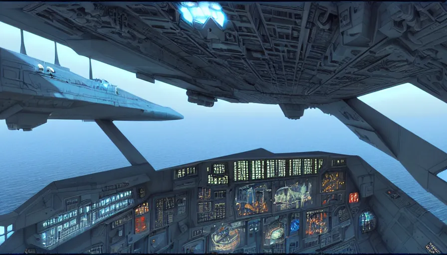 Prompt: highly detailed matte painting spacious science fiction aircraft carrier bridge interior. flight deck, terminals, futuristic, navigation command center, synthetic, military equipment, computer screens. environment art by syd mead and john berkley and john harris. concept art, utopian, retro futurism, cinematic lighting, raytracing, octane render, brightly lit - style atmosphere