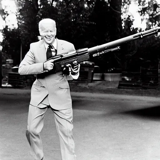 Image similar to Joe Biden carrying a M2 Browning machine gun, AP photography, full body shot, dynamic pose