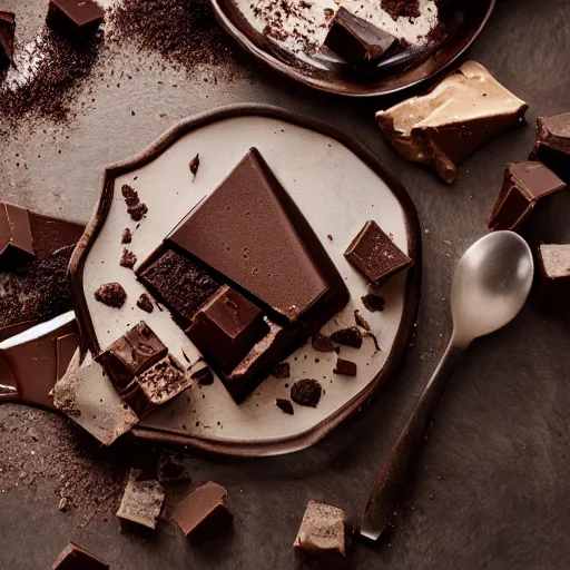 Image similar to extremely delicious looking photo of desert with melted chocolate, expensive top quality product, most perfect chocolate on the world, small manufacture, unique style, 8 k, product photography, professional studio photography