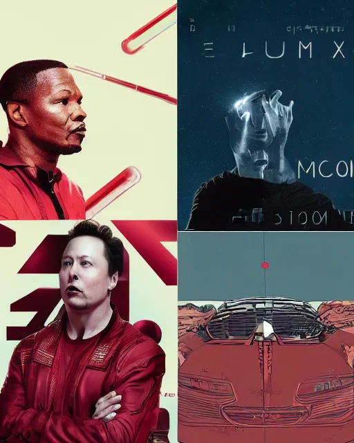 Image similar to musk ( 2 0 2 4 ), jamie foxx is technology mogul elon musk, minimal movie poster, solid colors, silhouettes, digital art