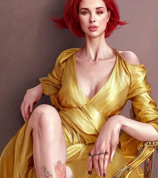 Image similar to corinna kopf wearing a golden dress, grey hair, red necktie, cinematic, stunning, highly detailed, digital painting, artstation, smooth, hard focus, full body shot, illustration, art by artgerm and greg rutkowski and alphonse mucha