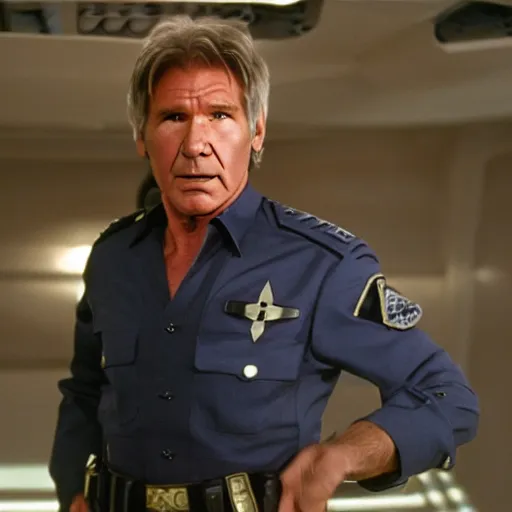 Prompt: A still of Harrison Ford as Commander Adama in Battlestar Galactica (2003), dark blue uniform