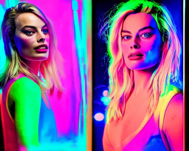 Image similar to margot robbie as neon light art, hyper detailed, award winning