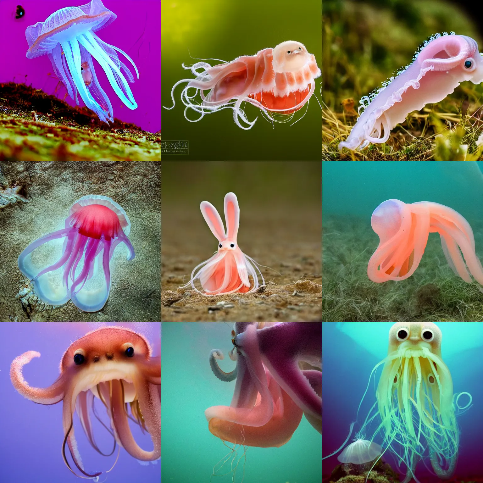 Prompt: a jellyfish-bunny-squid, wildlife photography