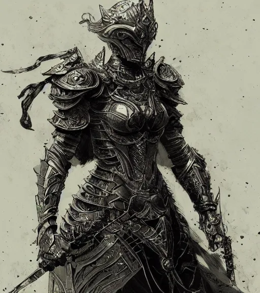 Image similar to anime woman in armor, pen and ink, intricate line drawings, by craig mullins, ruan jia, kentaro miura, greg rutkowski, loundraw