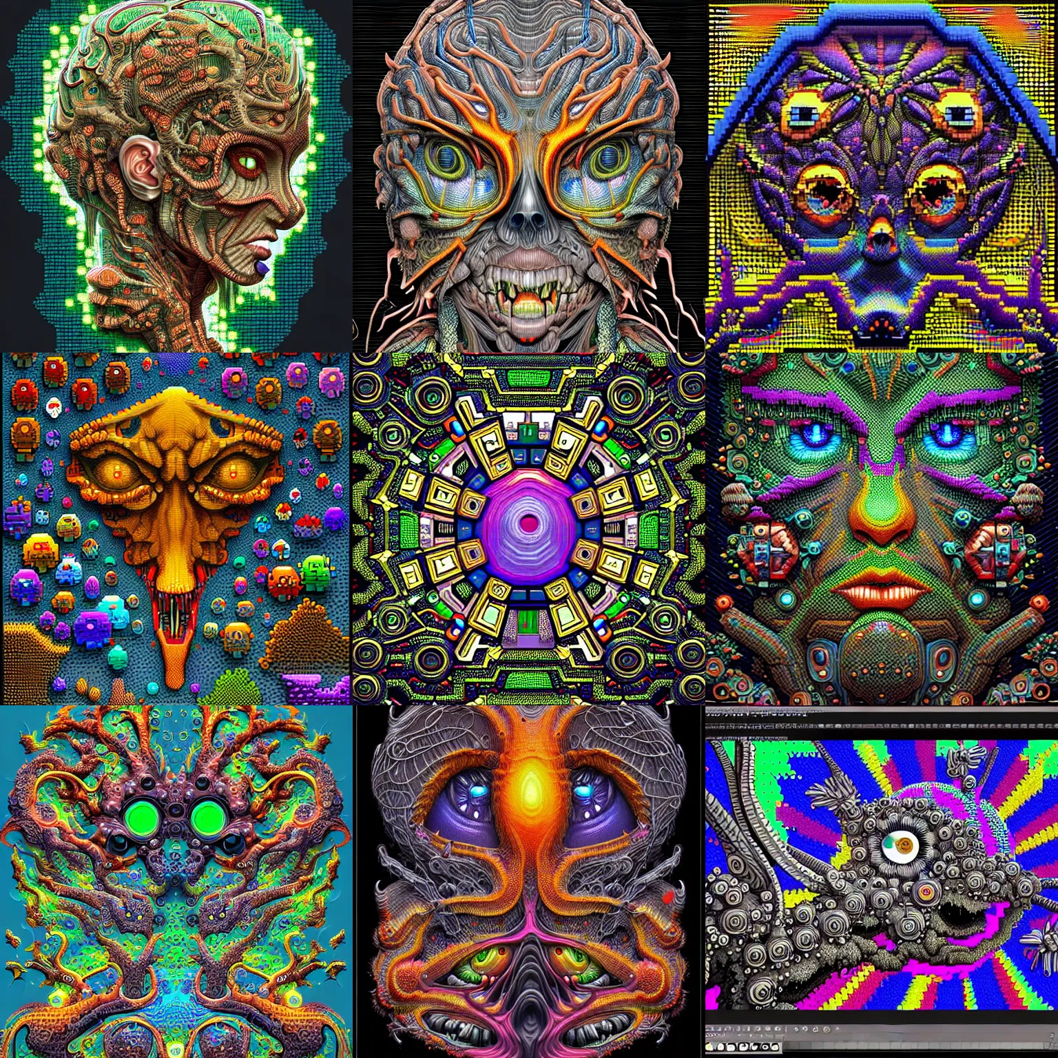 Prompt: very weird but beautiful and superhumanly intricate ultra high resolution ultra detailed digital pixel art, trending on artstation.
