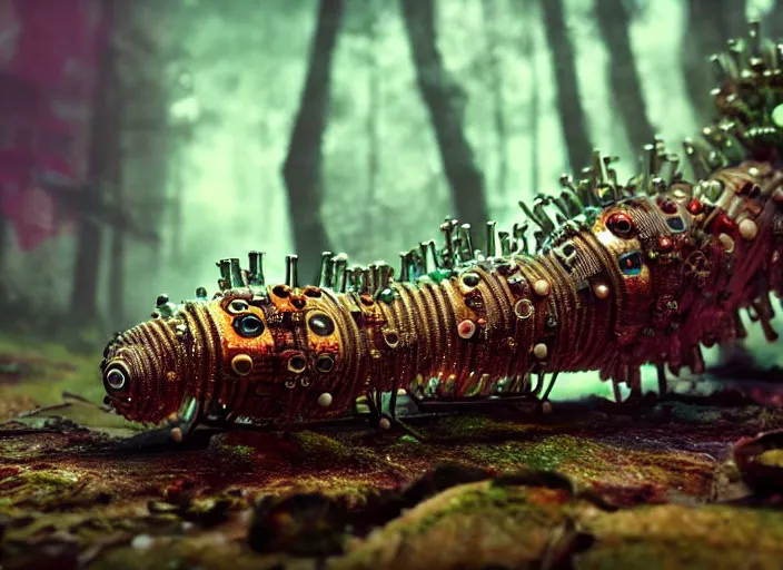 Image similar to 12mm intricate mechanical caterpillar with visible gears and electronics and optic Fibres sitting on top of a mushroom in a magical forest. Very detailed 8k. Fantasy cyberpunk horror. Sharp. Cinematic post-processing